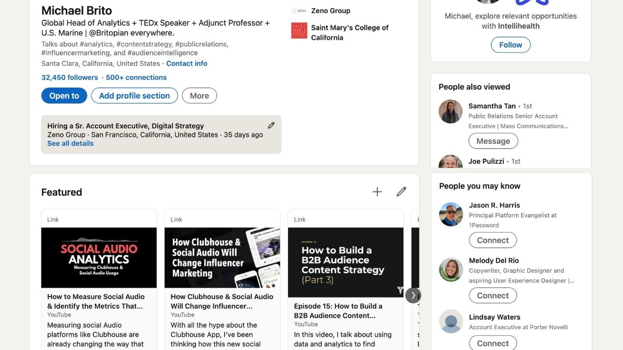An example of Michael Brito's LinkedIn profile