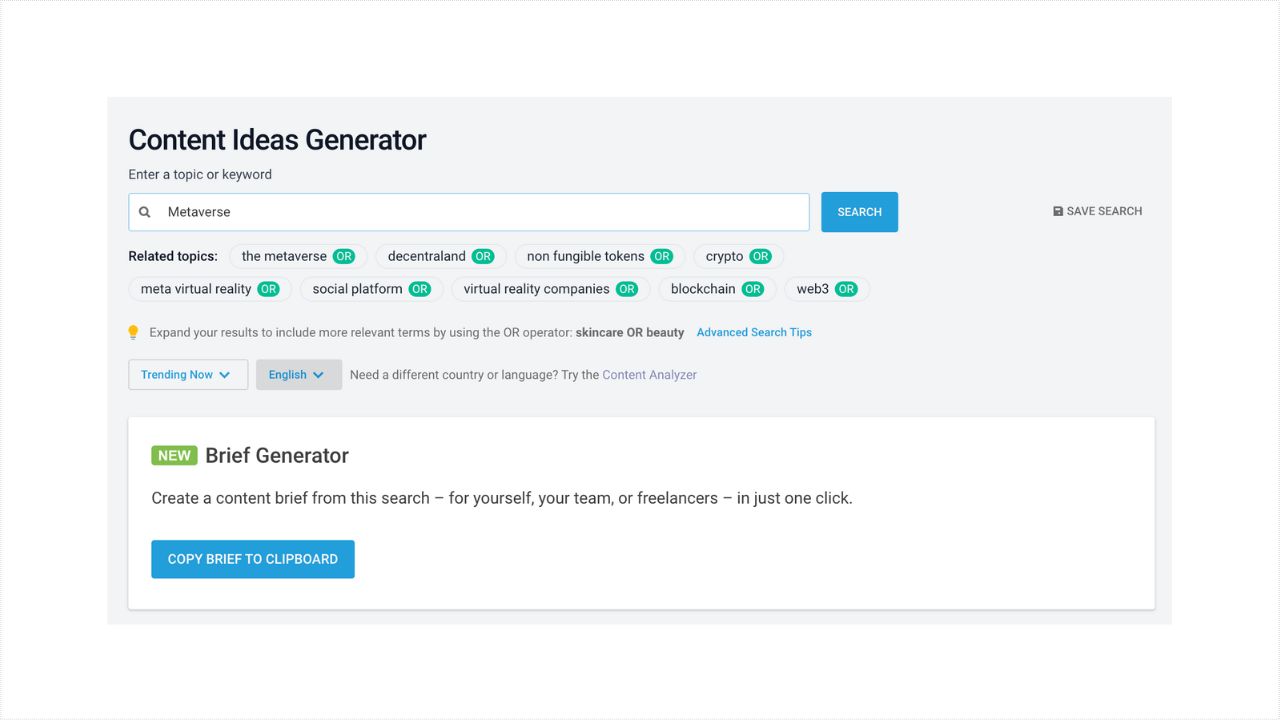 An image of the Buzzsumo's content brief Ideas generator.