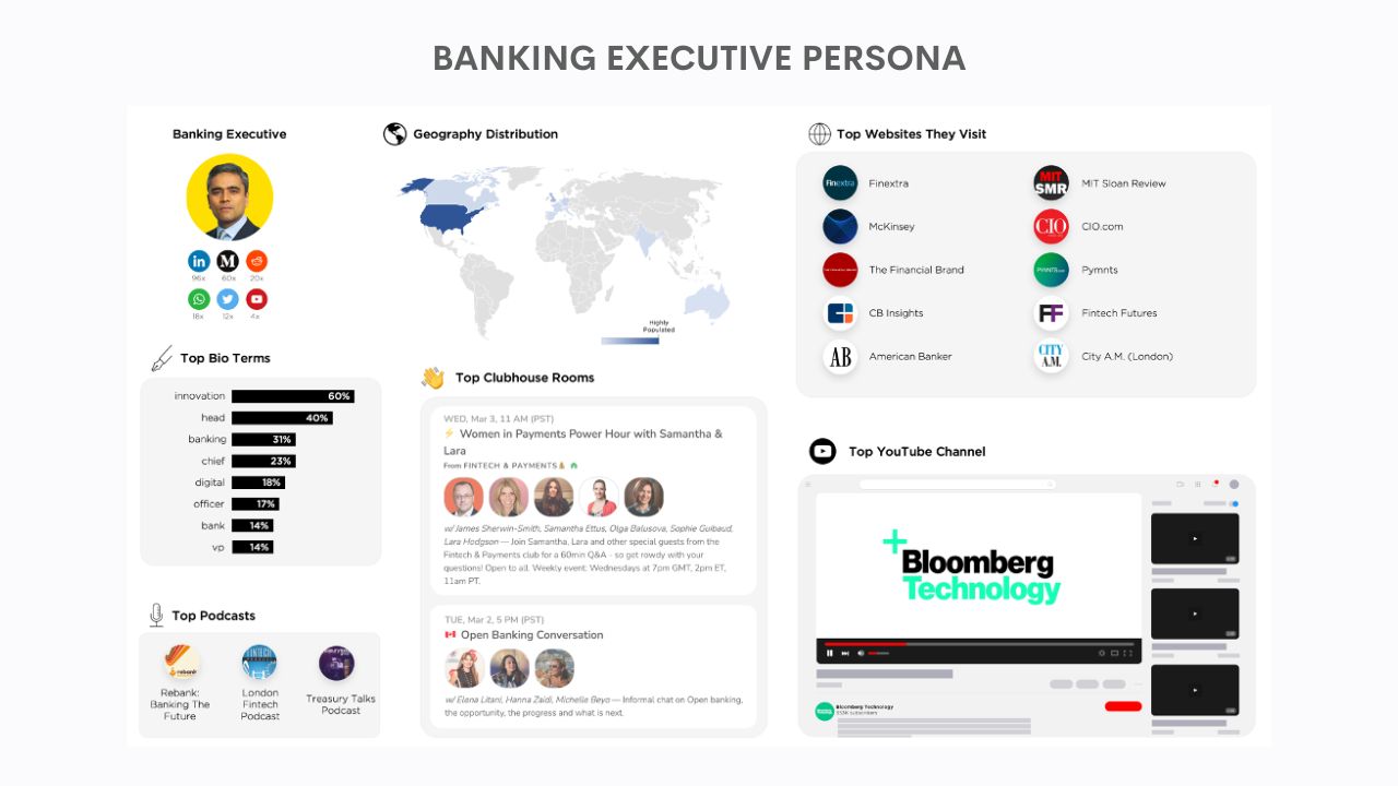 This persona was built using highly targeted keyword Boolean searches of social media bios. We used keyword searches like "EVP" and "VP" and combined them with keywords like Bank or Credit Union.