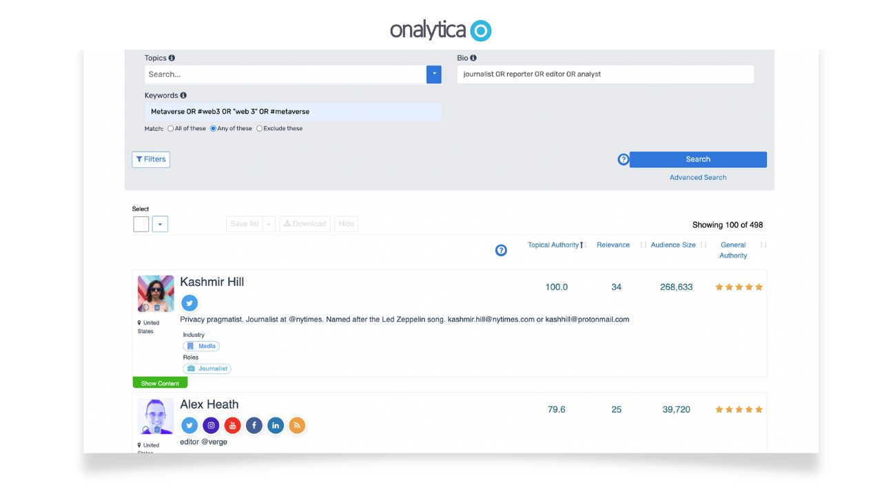 Onalytica Influencer Dashboard