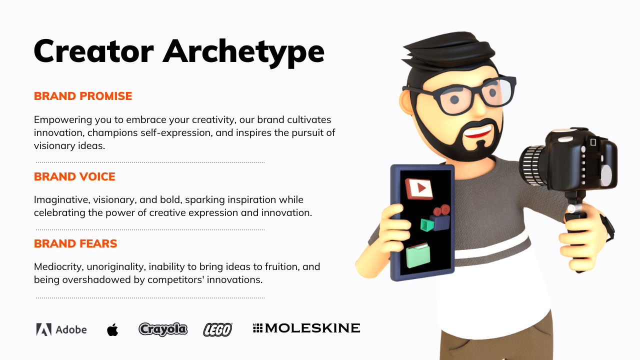 The Creator Archetype symbolizes ingenuity, originality, and imagination. Brands embodying this archetype often champion self-expression, creativity, and pursuing visionary ideas. 