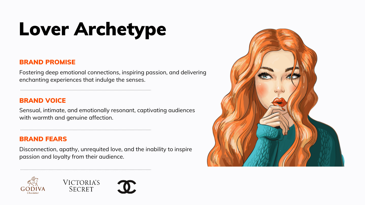 The Lover Archetype represents passion, sensuality, and intimacy, embodying a deep emotional connection with the audience.