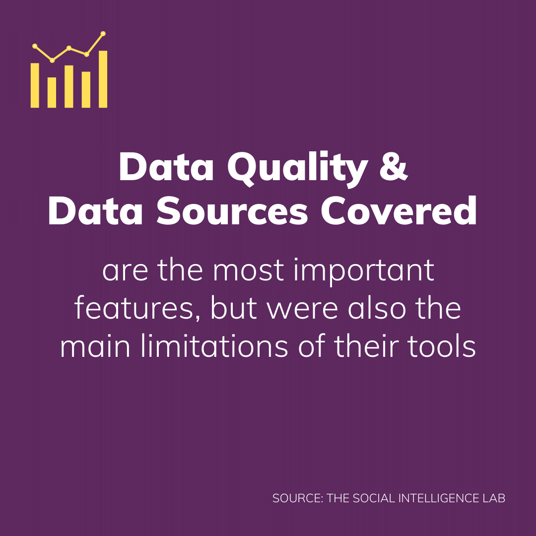 ‘Data quality’ and ‘data sources covered’ are the most important features that people look for, but were also the main limitations of their tools