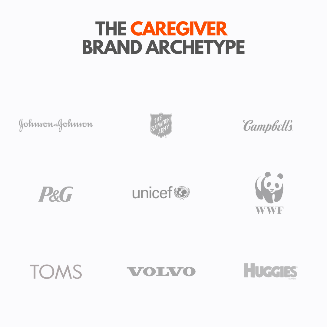 The caregiver archetype is based on protecting and caring for others, and include Johnson & Johnson, The Salvation Army, and Campbell's Soup..