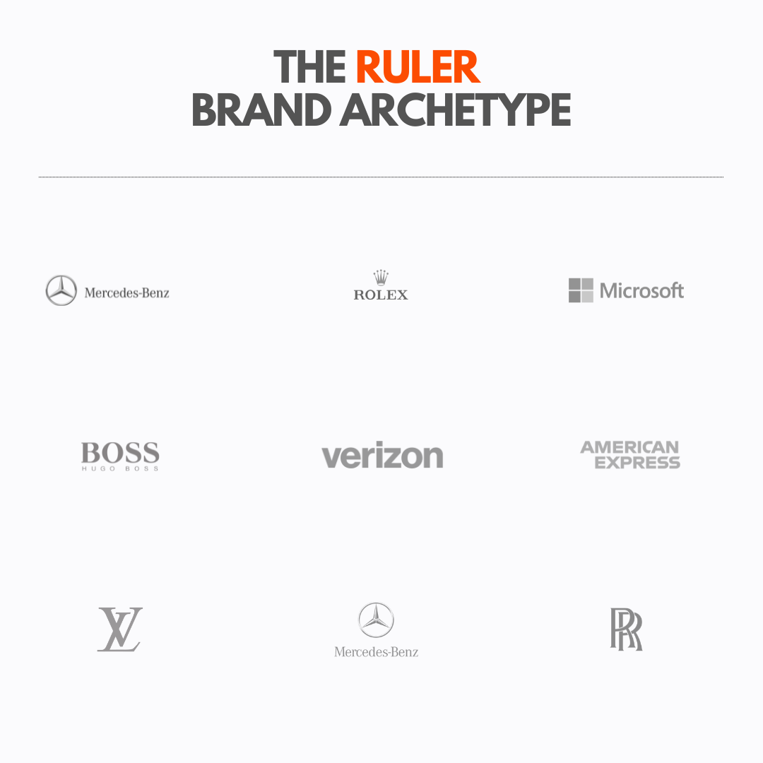 The ruler archetype is focused on leadership, control, and success and include Mercedes-Benz, Rolex, and Microsoft.